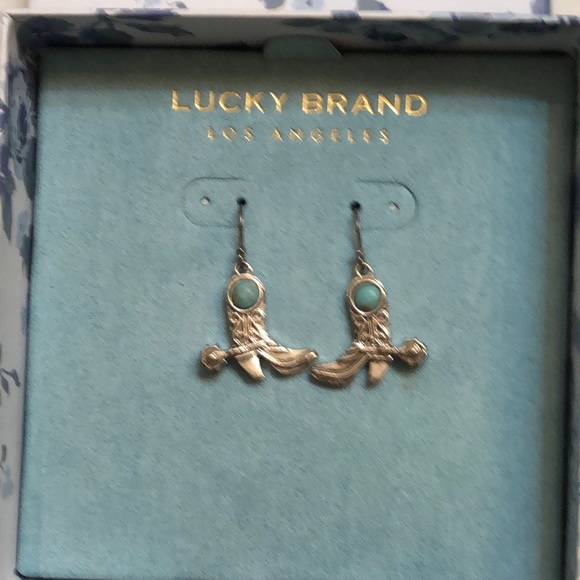 Lucky Brand Silver Tone Cowboy Boot Drop Earrings Turquoise Accent NWT - Picture 8 of 11